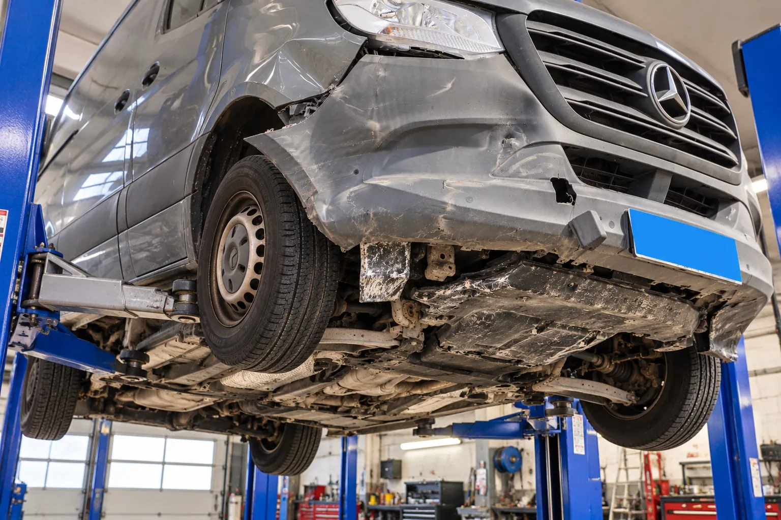Fahrzeug auf einer Hebebühne zur technischen Prüfung von Unterboden und Fahrwerk
