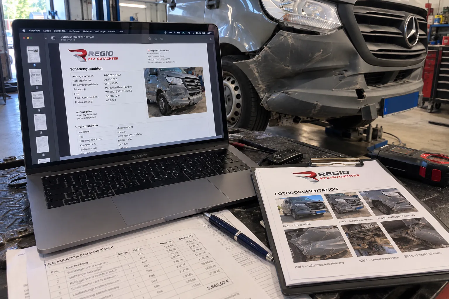 Kfz-Gutachten mit Schadenkalkulation, Messschieber und Fahrzeugschlüssel auf einem Werkstatttisch